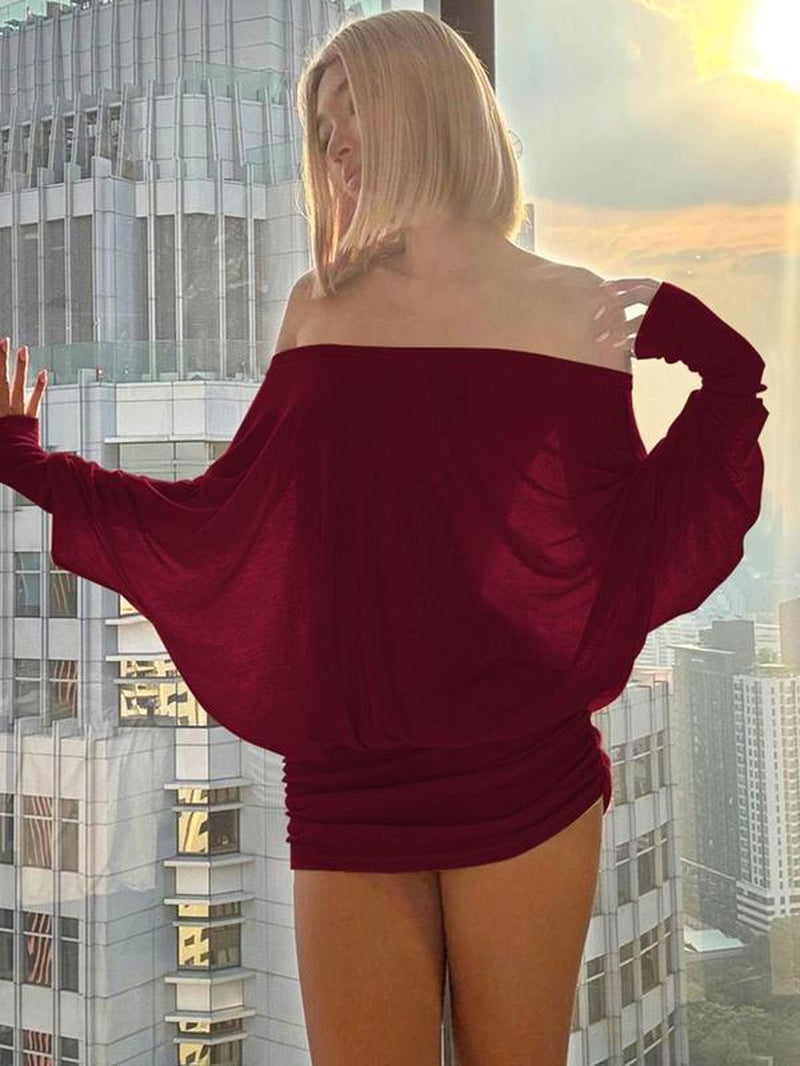 Women'S Solid off the Shoulder Sheer Ruched Dress, Fashion Casual Long Sleeve Mini Dress for Party Club Holiday, Women Dress for Spring & Fall, Womenswear
